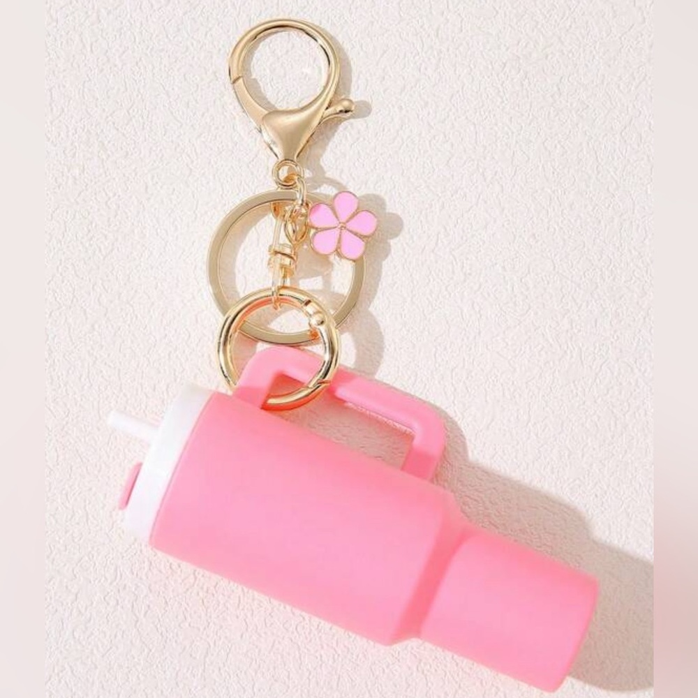 Pink Tumbler Keychain with Gold Accents